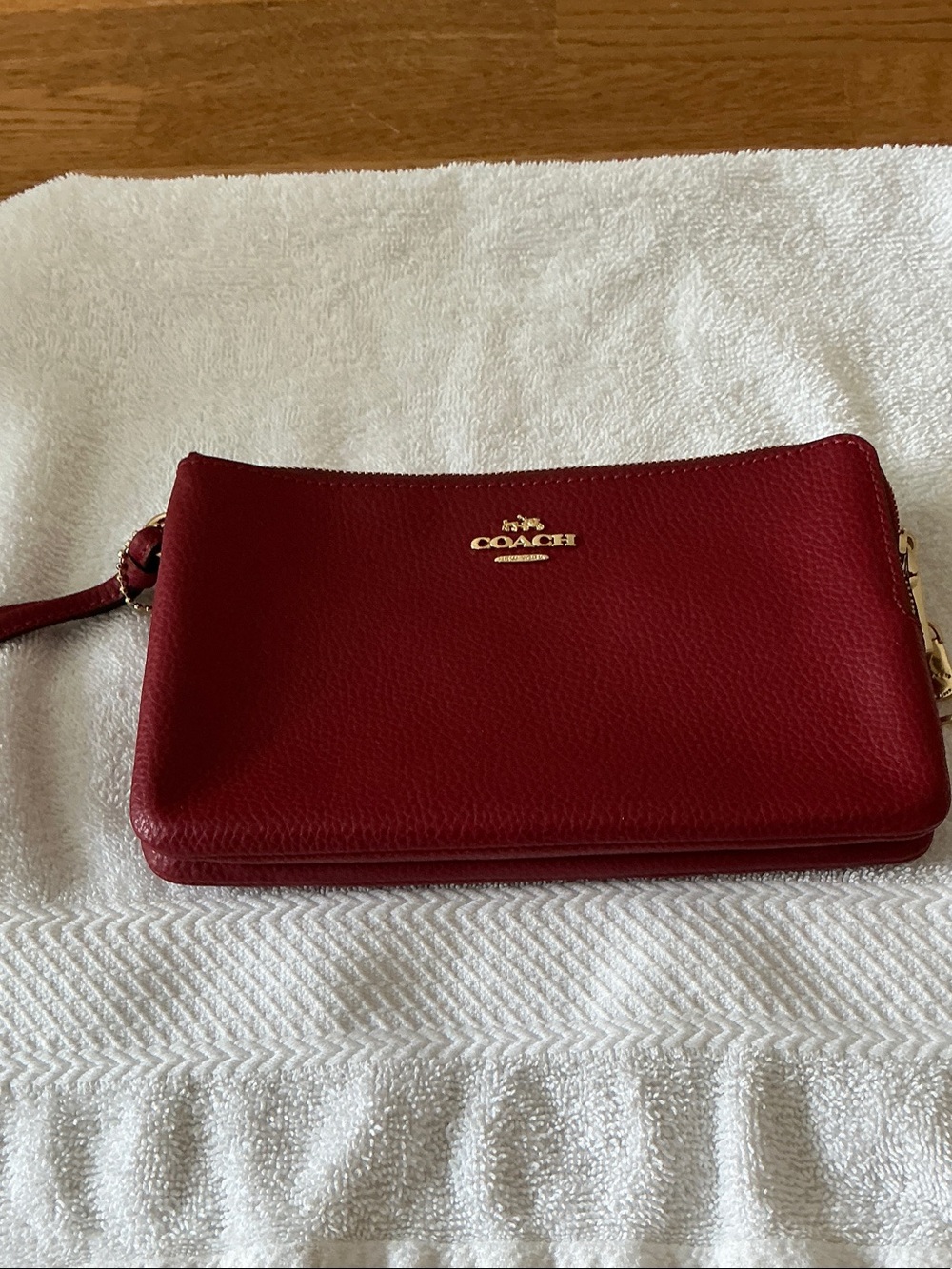 Coach Red Pebbled Leather Wristlet with Gold Logo